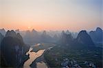 Sunset over Karst peaks with Li river (Lijiang) view from hilltop of Mt. Laozhai (Laozhaishan/Old fortress hill), Xingping, Yangshuo, Guilin, Guanxi, PRC