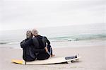 Rear view of couple sitting on surfboard