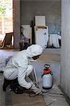 Man doing pest control on a wall