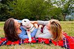 Two young women with pet dog, lying on blanket in park