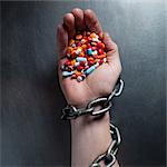 Studio close up of man's hand with chain holding pile of medicines