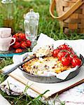 Baked ricotta with vine tomatoes on book outdoors