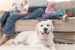 Family using laptop on couch, pet dog in foreground