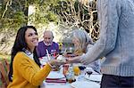 Multi generation family dining outdoors, smiling