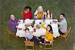 Overhead view of multi generation family dining outdoors looking up at camera, making a toast smiling