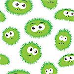 Seamless pattern bacteria with monster face. Vector background with cartoon funny germs, green bacteria, cute monsters