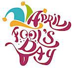 1 April Fools Day. Clowns cap with bells. April Fools Day lettering text for greeting card. Isolated on white vector illustration