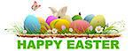 Happy easter. Painted eggs and rabbit on green grass. Template text for greeting card. Isolated on white vector illustration