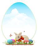 Easter bunny and colored eggs. Easter card template. Illustration in vector format