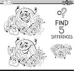 Black and White Cartoon Illustration of Finding Differences Educational Task for Preschool Children with Fruit Characters for Coloring Book