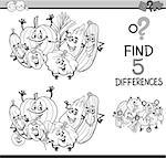 Black and White Cartoon Illustration of Finding Differences Educational Task for Preschool Children with Vegetable Characters for Coloring Book