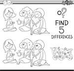 Black and White Cartoon Illustration of Finding Differences Educational Activity for Preschool Children with Girls Playing House for Coloring Book
