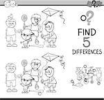 Black and White Cartoon Illustration of Finding Differences Educational Activity for Preschool Children with Boys Group and Plane for Coloring Book