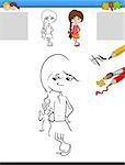 Cartoon Illustration of Drawing and Coloring Educational Task for Preschool Children with Cute Girl Character