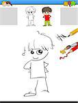 Cartoon Illustration of Drawing and Coloring Educational Activity for Preschool Children with Cute Boy Character