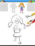 Cartoon Illustration of Drawing and Coloring Educational Activity for Preschool Children with Cute Girl Character