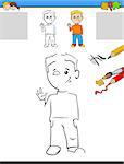Cartoon Illustration of Drawing and Coloring Educational Activity for Preschool Children with Kid Boy Character
