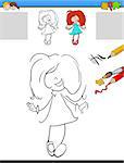 Cartoon Illustration of Drawing and Coloring Educational Activity for Preschool Children with Kid Girl Character