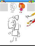 Cartoon Illustration of Drawing and Coloring Educational Task for Preschool Children with Kid Boy Character