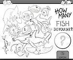 Black and White Cartoon Illustration of Educational Counting Task for Preschool Children with Fish Animal Characters Coloring Book