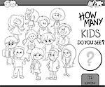 Black and White Cartoon Illustration of Educational Counting or Calculating Task for Preschool Children with Kid Characters Coloring Book