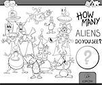 Black and White Cartoon Illustration of Educational Counting Task for Preschool Children with Aliens Fantasy Characters Coloring Book