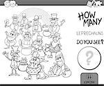 Black and White Cartoon Illustration of Educational Counting Task for Preschool Children with Leprechaun Fantasy Characters Coloring Book