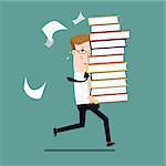 Businessman run holding a lot of documentation in his hands.  Business concept cartoon illustration