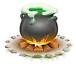 Magical potion brewed in pot. Magic ale St Patricks Day. Full pot on fire. Isolated on white vector illustration