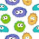 Seamless pattern bacteria with colorful monster face. Vector background with cartoon funny germs, cute monsters