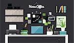 Flat illustration of dark home office workspace interior, vector