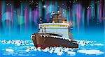 Vector illustration on the theme of the north. Icebreaker in the ice of the Arctic Ocean during the polar night