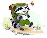 Scout raccoon with backpack goes camping. Summer Camping. Cartoon illustration in vector format