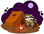 Summer holiday camp. Scout raccoon sitting around campfire. Raccoon tourist tent set. Camping. Cartoon illustration in vector format