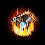 vector illustration of a vinyl record on fire and saxophone on a background of musical notes on a dark background can be applied to any image with black or used separately.