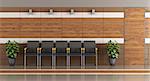 Modern waiting room with black chair, wooden paneling and closed door - 3D Rendering