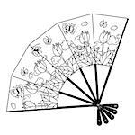 Oriental fan decorated with floral patterns Zentangle interpretation. Black and white. Vector illustration. The best for your design, textiles, posters, coloring book