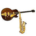 Vector illustration of a jazz guitar and sax are crossed, isolated objects on a white background, can be used with any image.