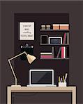 Flat home office interior illustration with desktop, vector