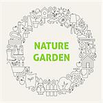 Nature Garden Line Art Icons Set Circle. Vector Illustration of Gardening Tools Objects. Spring Flowers Items.