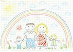 Happy family and rainbow. Kid drawing on old paper texture