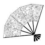 Oriental fan decorated with floral patterns  Black and white. Vector illustration. The best for your design, textiles, posters, coloring book
