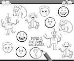 Black and White Cartoon Illustration of Find Identical Pictures Educational Activity Task for Preschool Children Coloring Book