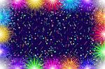 Holiday Background with Confetti, Streamers and Frame of Various Colorful Fireworks