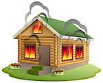 Wooden house fire. Wooden home burning. Insurance of property. Isolated on white vector illustration