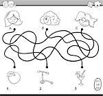 Black and White Cartoon Illustration of Educational Paths or Maze Puzzle Activity for Preschool Children with Girls Coloring Book