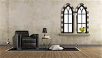 Retro vintage living room with leather armchair and two gothic windows - 3D Rendering