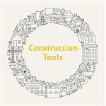 Construction Tools Line Art Icons Set Circle. Vector Illustration of Business Objects. Building and Engineering Items.