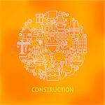Thin Line Construction Icons Set Circle Concept. Vector Illustration of Building Equipment Objects over Orange Blurred Background.