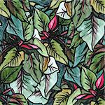 Seamless pattern with watercolor leaves.  Drawing ink and watercolor.